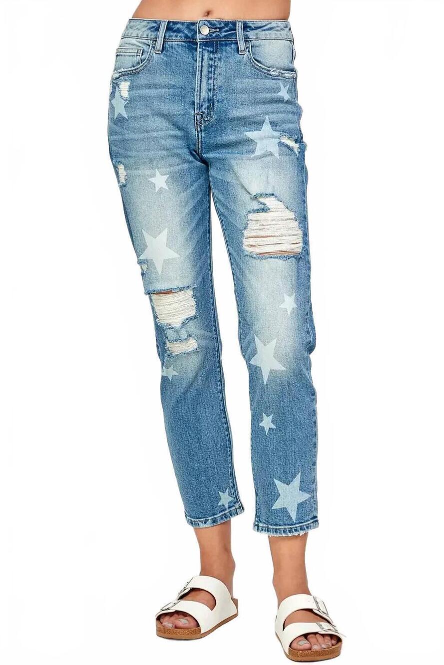 NEW I&M JEANS distressed stretch mom jeans with stars in medium wash